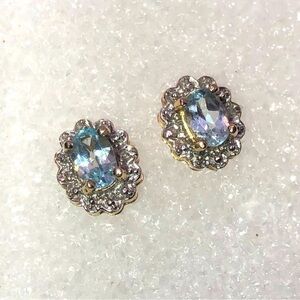 Sterling Silver Gold Plated Oval Sky Blue Topaz Studs w Diamond Accents 10mm